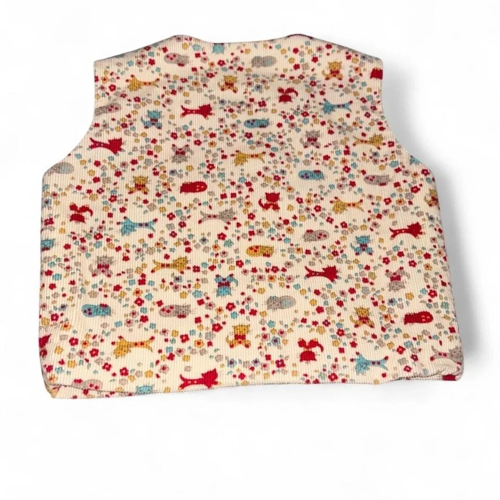 Vintage 90s Corduroy Toddler Vest 2T 3T Kitten Cat Floral Red Quilted Back Kid